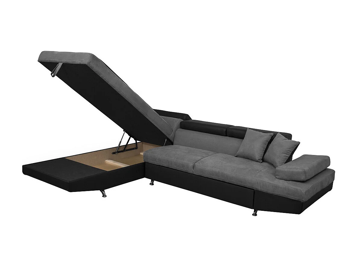 Canapé d'angle gauche 5 places Rio convertible avec coffre en microfibre et simili - Gris/Noir - L271 x P192 x H70cm - Loungitude
