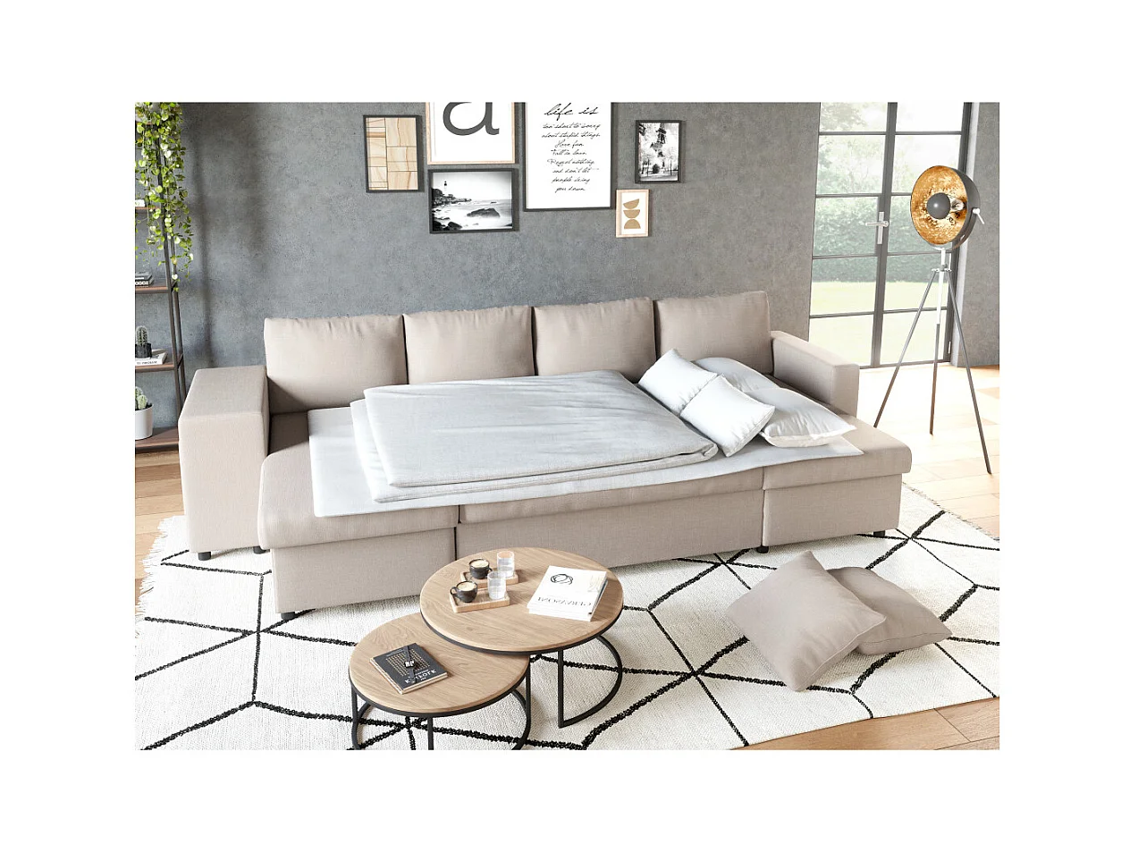 Canapé d'angle panoramique Oslo convertible avec coffres et poufs à gauche - Tissu - Beige - L311 x P146 x H81cm - Loungitude