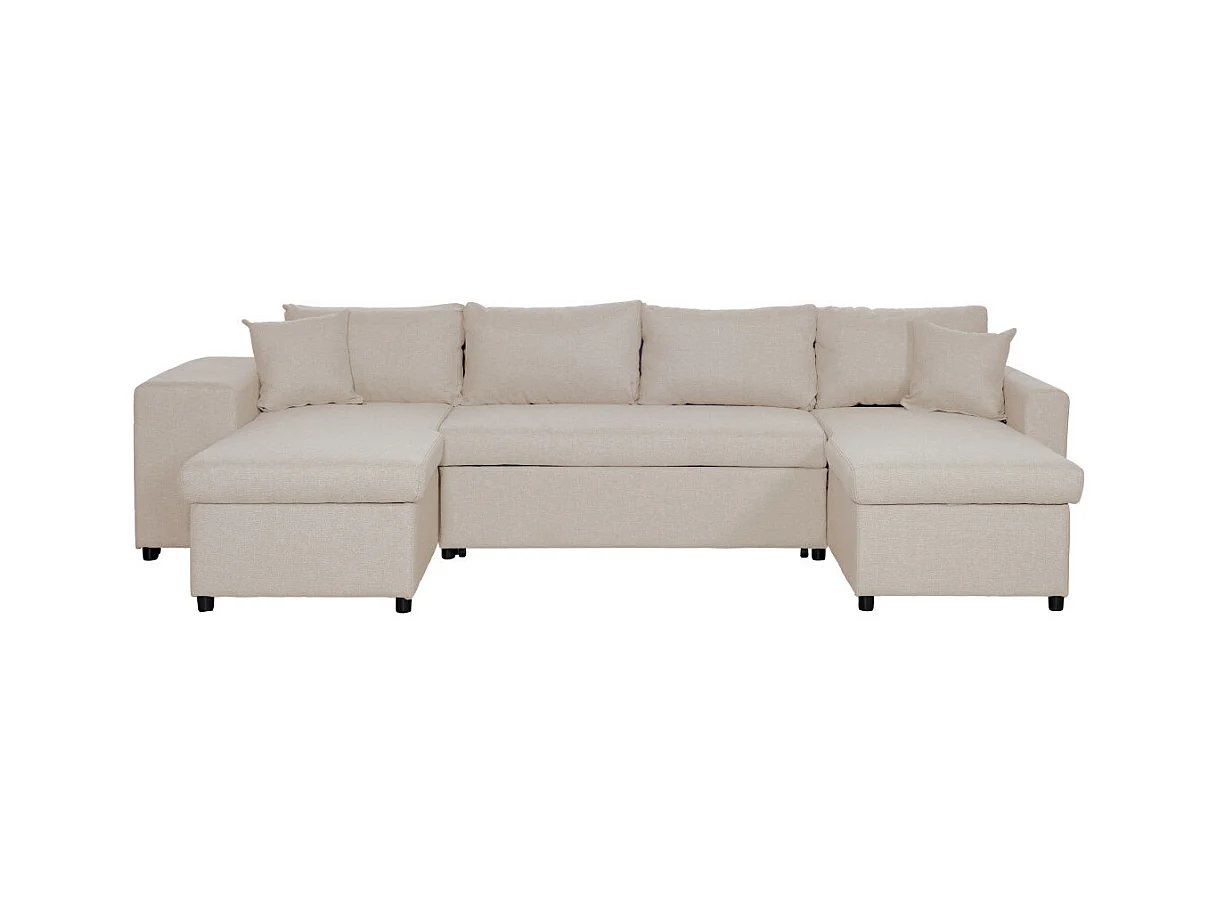 Canapé d'angle panoramique Oslo convertible avec coffres et poufs à gauche - Tissu - Beige - L311 x P146 x H81cm - Loungitude