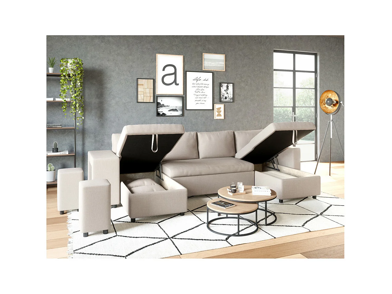Canapé d'angle panoramique Oslo convertible avec coffres et poufs à gauche - Tissu - Beige - L311 x P146 x H81cm - Loungitude