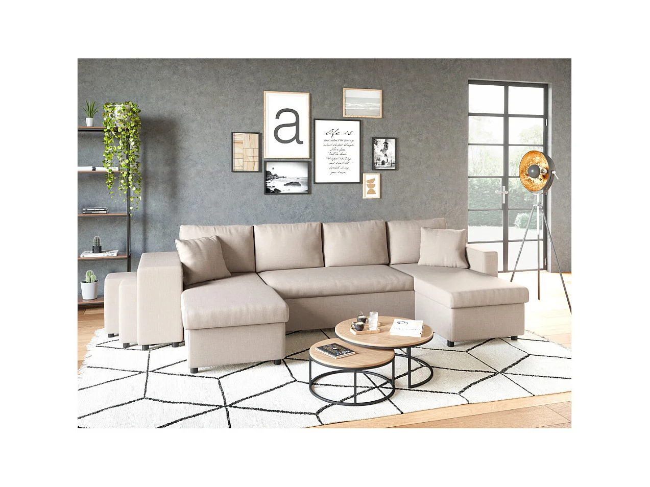Canapé d'angle panoramique Oslo convertible avec coffres et poufs à gauche - Tissu - Beige - L311 x P146 x H81cm - Loungitude