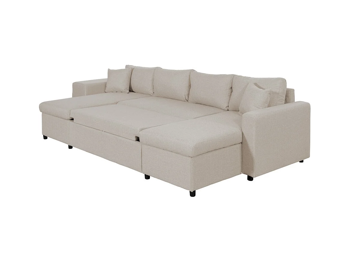 Canapé d'angle panoramique Oslo convertible avec coffres et poufs à gauche - Tissu - Beige - L311 x P146 x H81cm - Loungitude