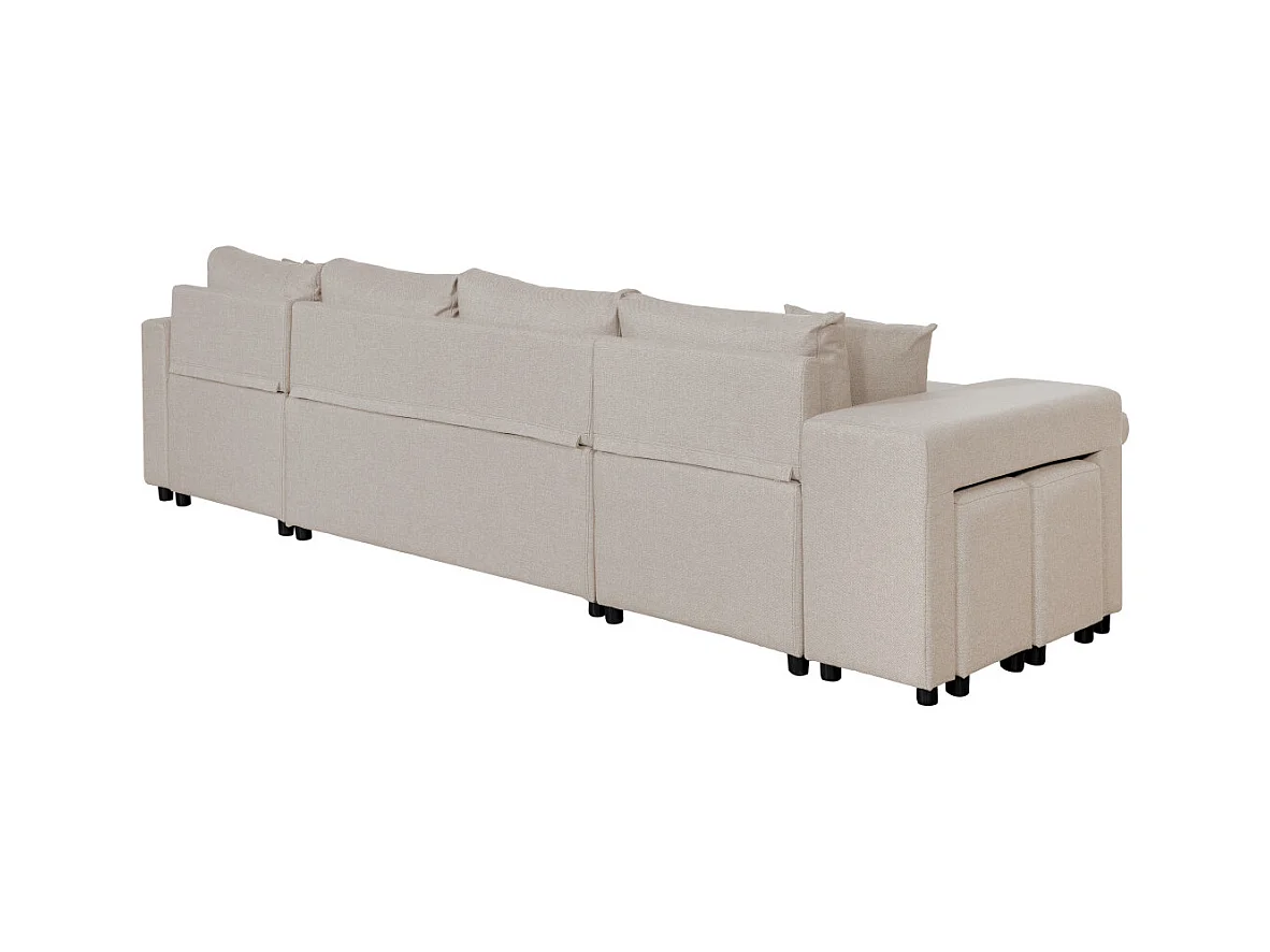 Canapé d'angle panoramique Oslo convertible avec coffres et poufs à gauche - Tissu - Beige - L311 x P146 x H81cm - Loungitude