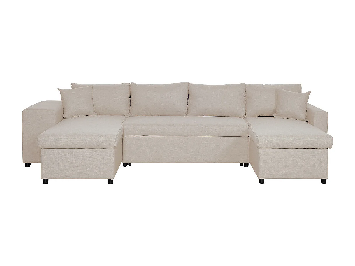 Canapé d'angle panoramique Oslo convertible avec coffres et poufs à gauche - Tissu - Beige - L311 x P146 x H81cm - Loungitude