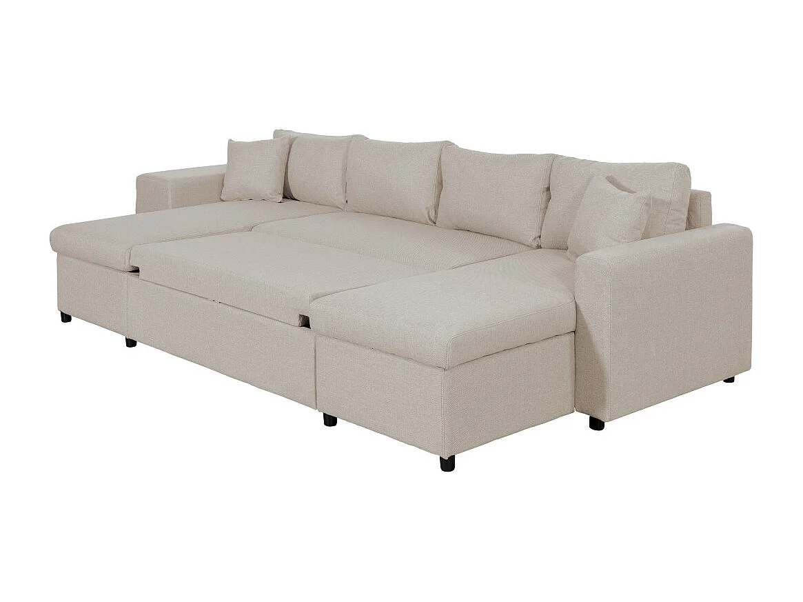 Canapé d'angle panoramique Oslo convertible avec coffres et poufs à gauche - Tissu - Beige - L311 x P146 x H81cm - Loungitude