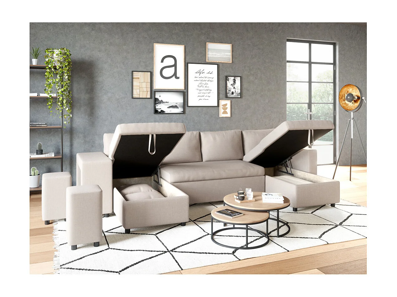 Canapé d'angle panoramique convertible 8 places avec pouf en tissu beige OSLO