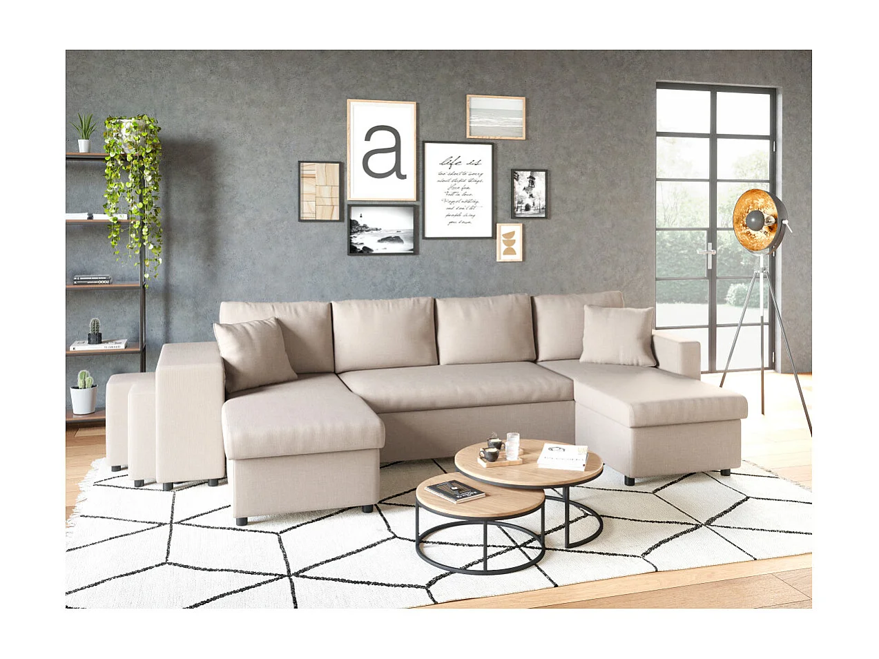 Canapé d'angle panoramique convertible 8 places avec pouf en tissu beige OSLO