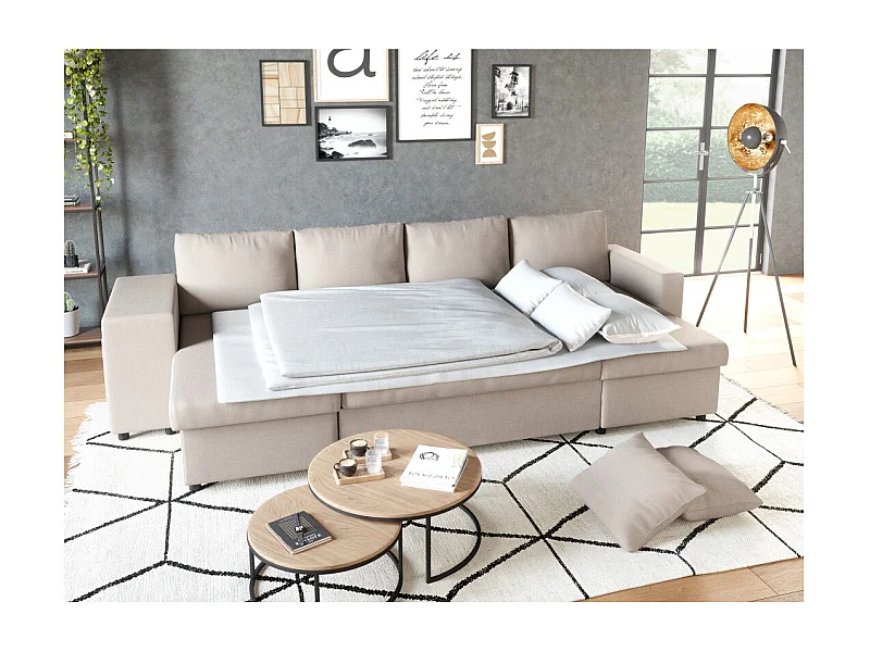 Canapé d'angle panoramique Oslo convertible avec coffres et poufs à gauche - Tissu - Beige - L311 x P146 x H81cm - Loungitude