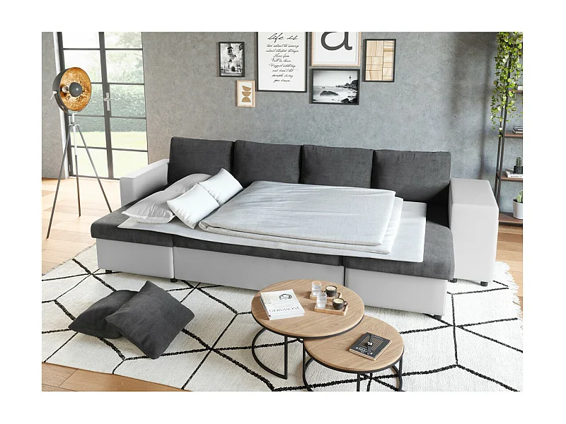 Canapé panoramique Oslo convertible avec coffres, poufs à droite - Simili/Microfibre - Blanc/Gris - L311 x P146 x H81cm - Loungitude
