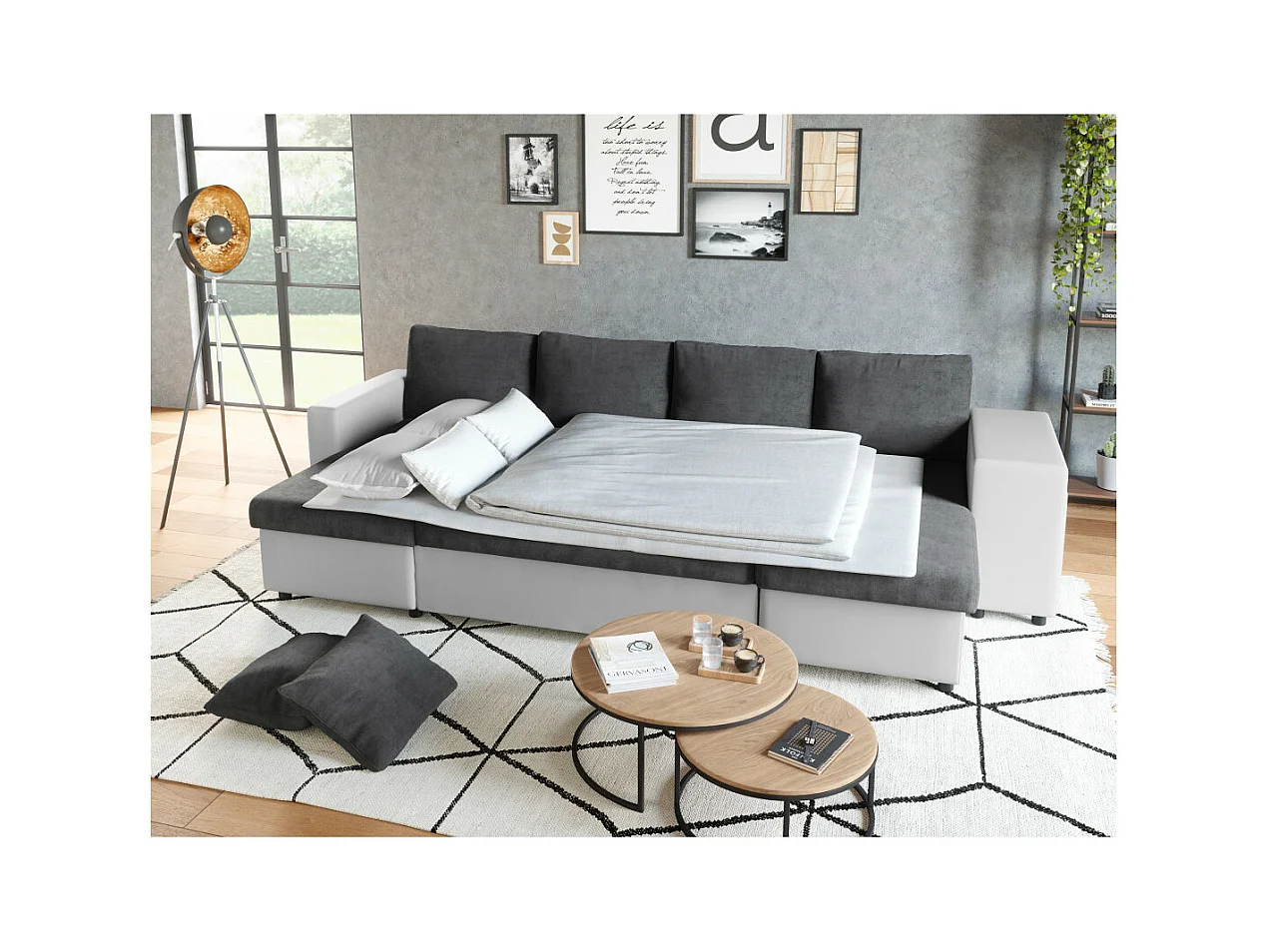 Canapé panoramique Oslo convertible avec coffres, poufs à droite - Simili/Microfibre - Blanc/Gris - L311 x P146 x H81cm - Loungitude