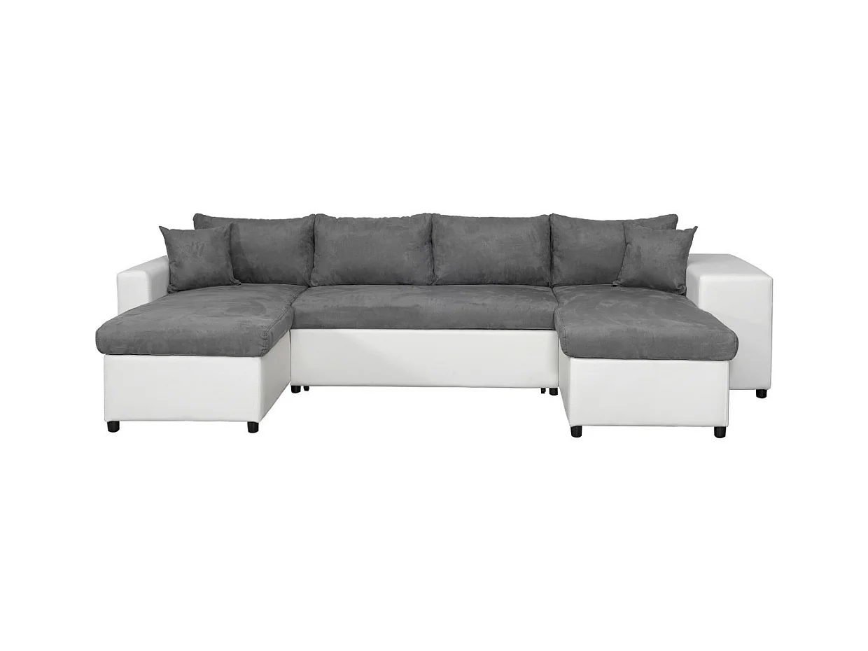 Canapé panoramique Oslo convertible avec coffres, poufs à droite - Simili/Microfibre - Blanc/Gris - L311 x P146 x H81cm - Loungitude