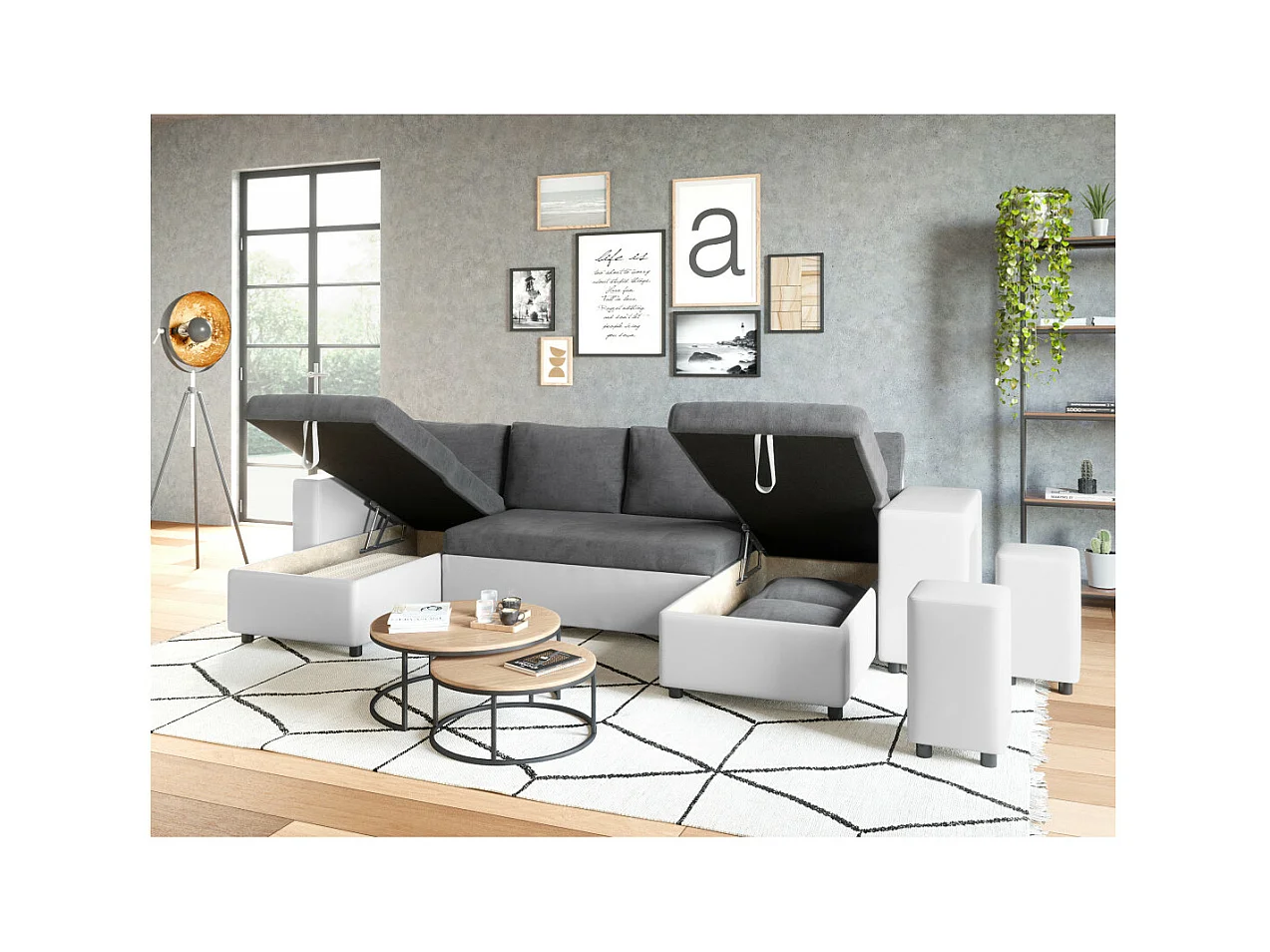 Canapé panoramique Oslo convertible avec coffres, poufs à droite - Simili/Microfibre - Blanc/Gris - L311 x P146 x H81cm - Loungitude