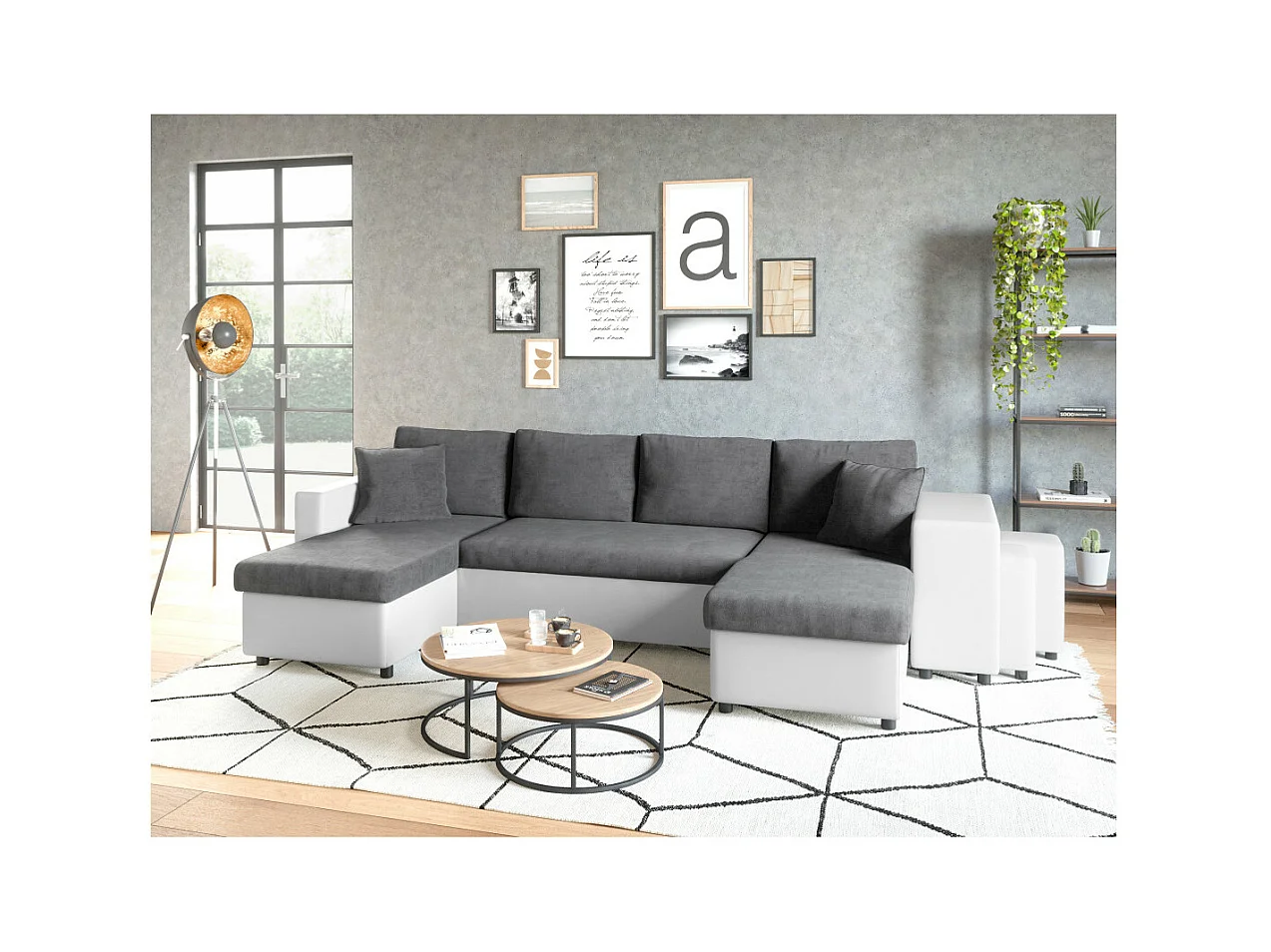 Canapé panoramique Oslo convertible avec coffres, poufs à droite - Simili/Microfibre - Blanc/Gris - L311 x P146 x H81cm - Loungitude