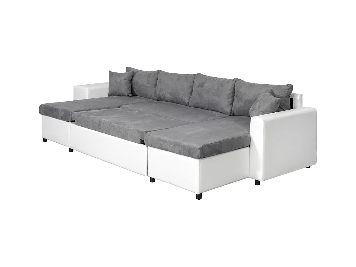 Canapé panoramique Oslo convertible avec coffres, poufs à droite - Simili/Microfibre - Blanc/Gris - L311 x P146 x H81cm - Loungitude
