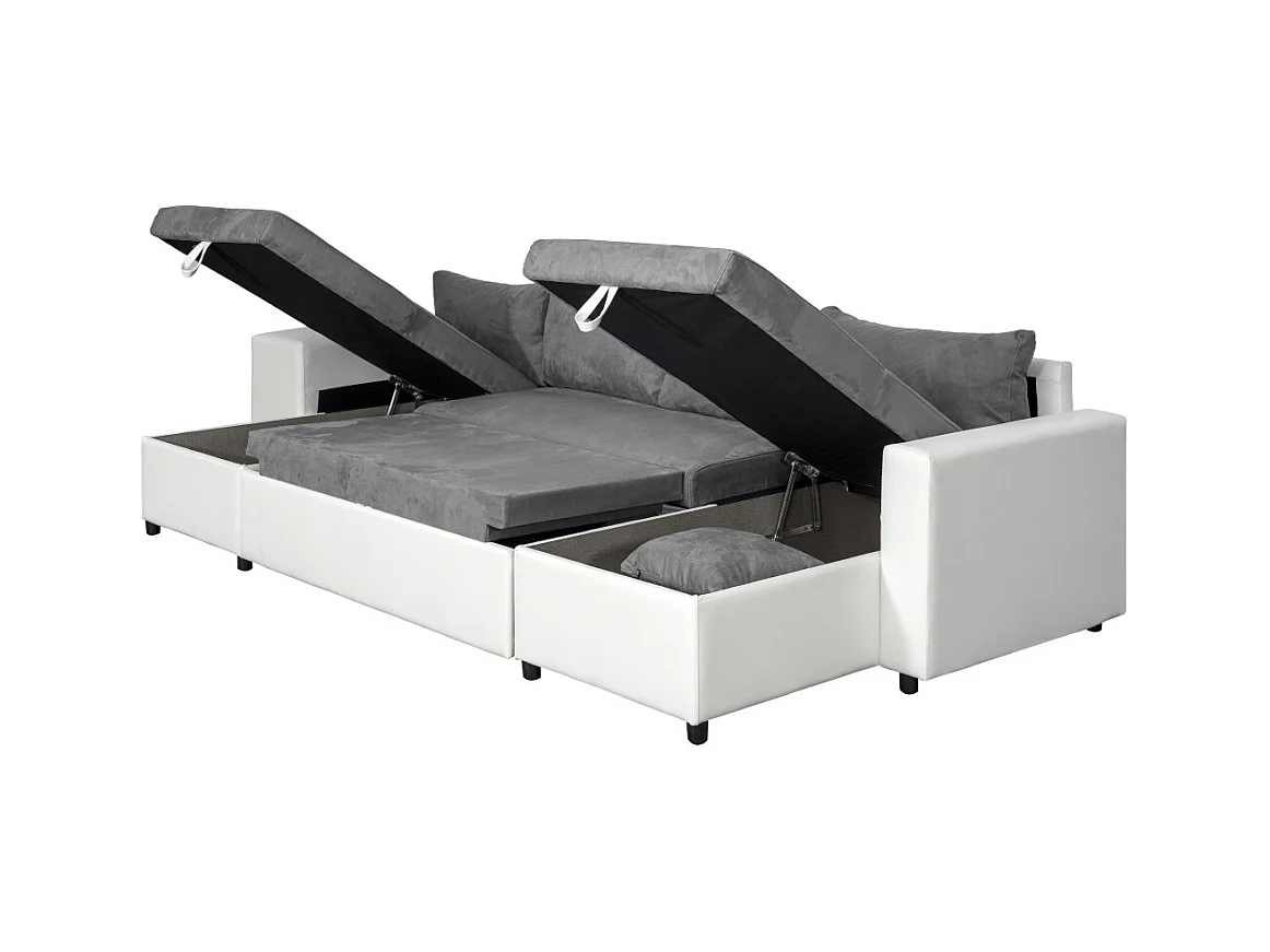 Canapé panoramique Oslo convertible avec coffres, poufs à droite - Simili/Microfibre - Blanc/Gris - L311 x P146 x H81cm - Loungitude