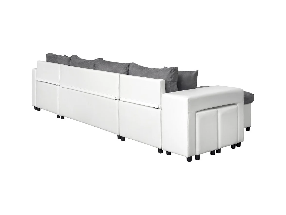 Canapé panoramique Oslo convertible avec coffres, poufs à droite - Simili/Microfibre - Blanc/Gris - L311 x P146 x H81cm - Loungitude