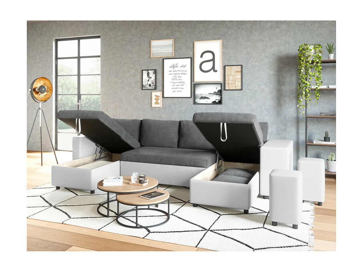 Canapé panoramique Oslo convertible avec coffres, poufs à droite - Simili/Microfibre - Blanc/Gris - L311 x P146 x H81cm - Loungitude