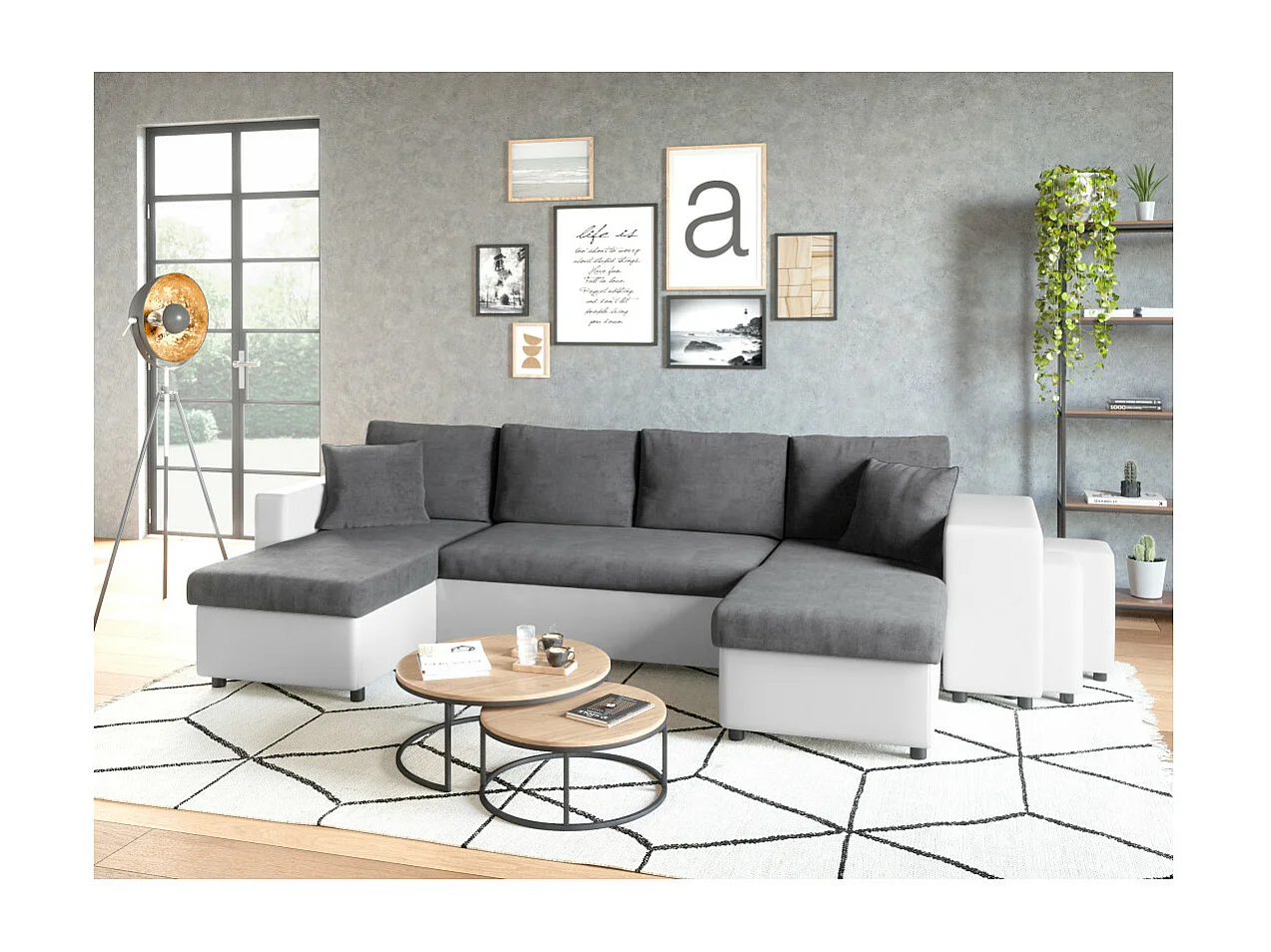 Canapé panoramique Oslo convertible avec coffres, poufs à droite - Simili/Microfibre - Blanc/Gris - L311 x P146 x H81cm - Loungitude