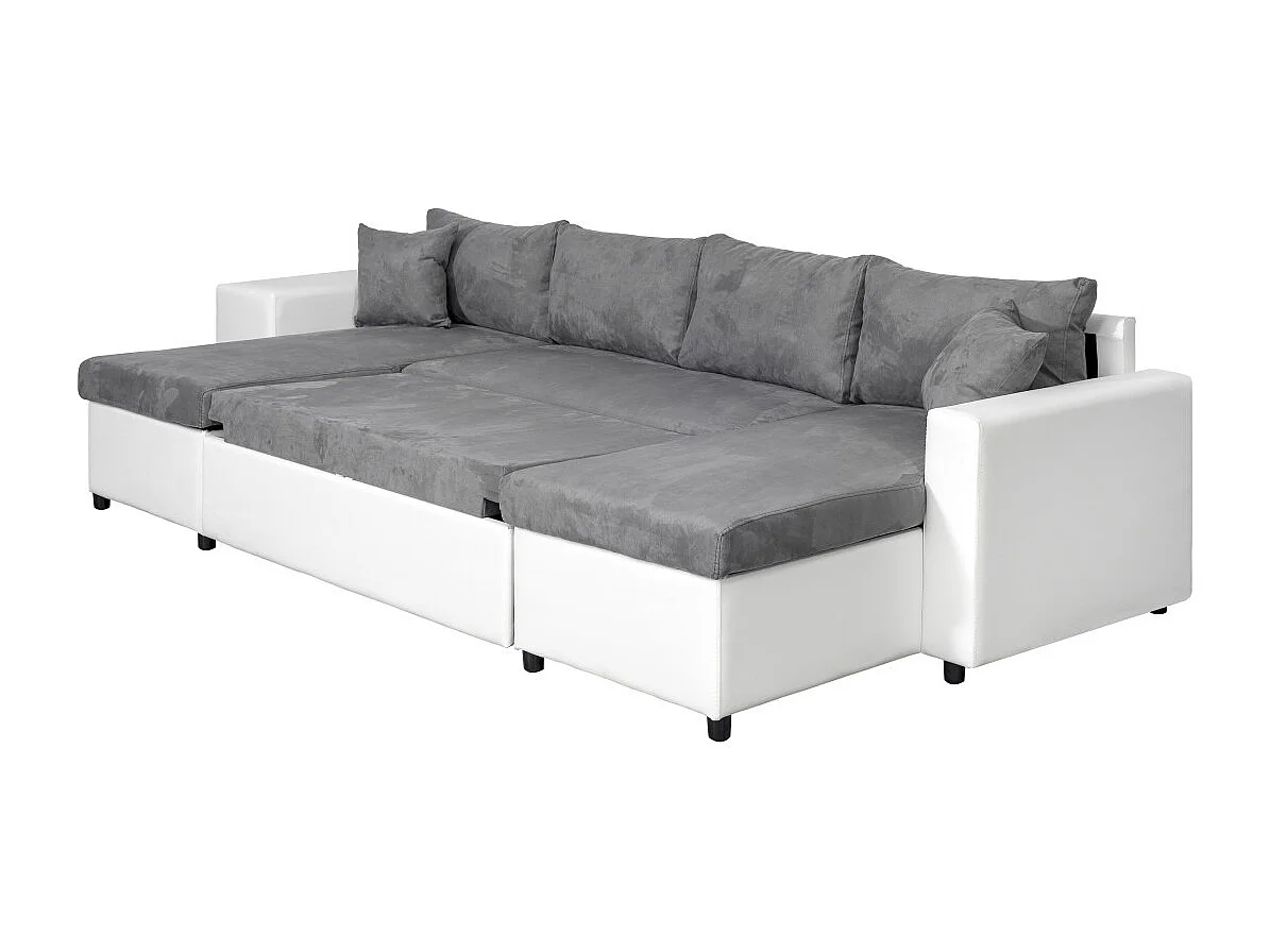 Canapé panoramique Oslo convertible avec coffres, poufs à droite - Simili/Microfibre - Blanc/Gris - L311 x P146 x H81cm - Loungitude