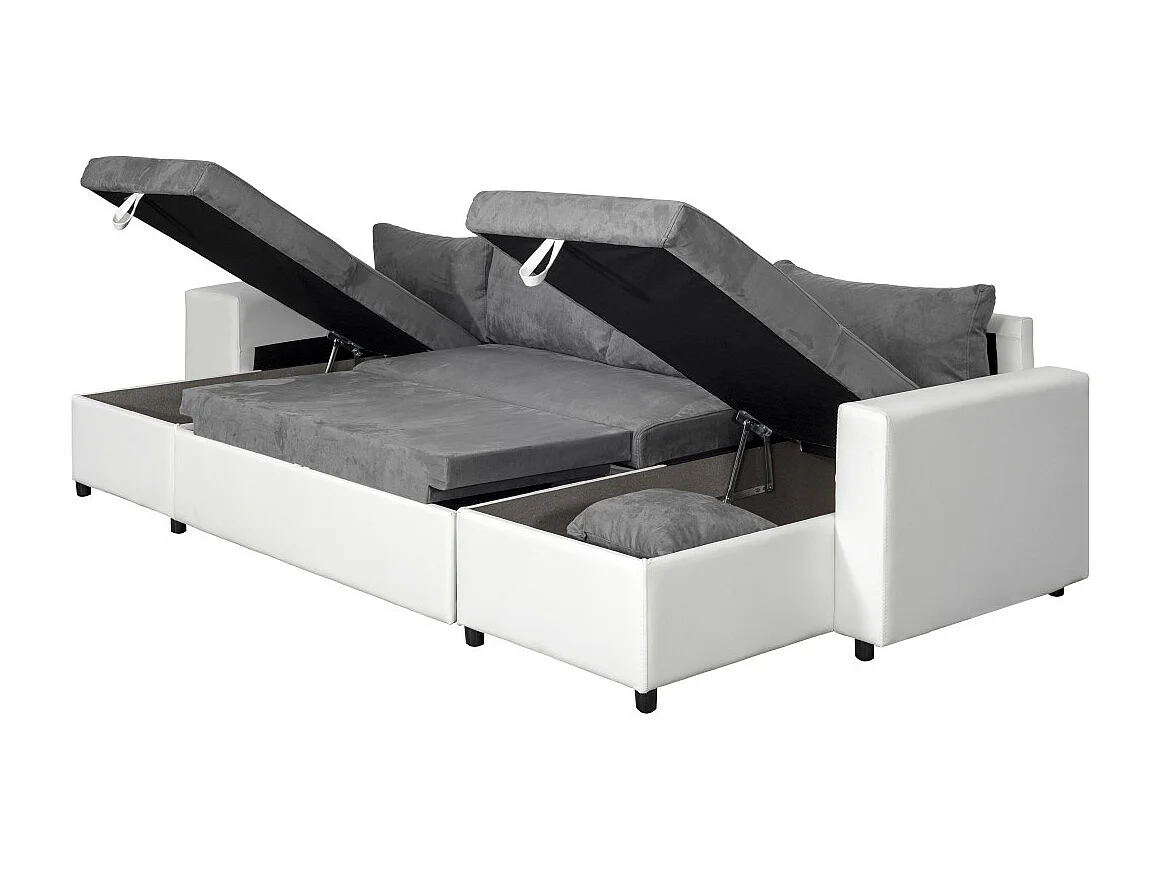 Canapé panoramique Oslo convertible avec coffres, poufs à droite - Simili/Microfibre - Blanc/Gris - L311 x P146 x H81cm - Loungitude
