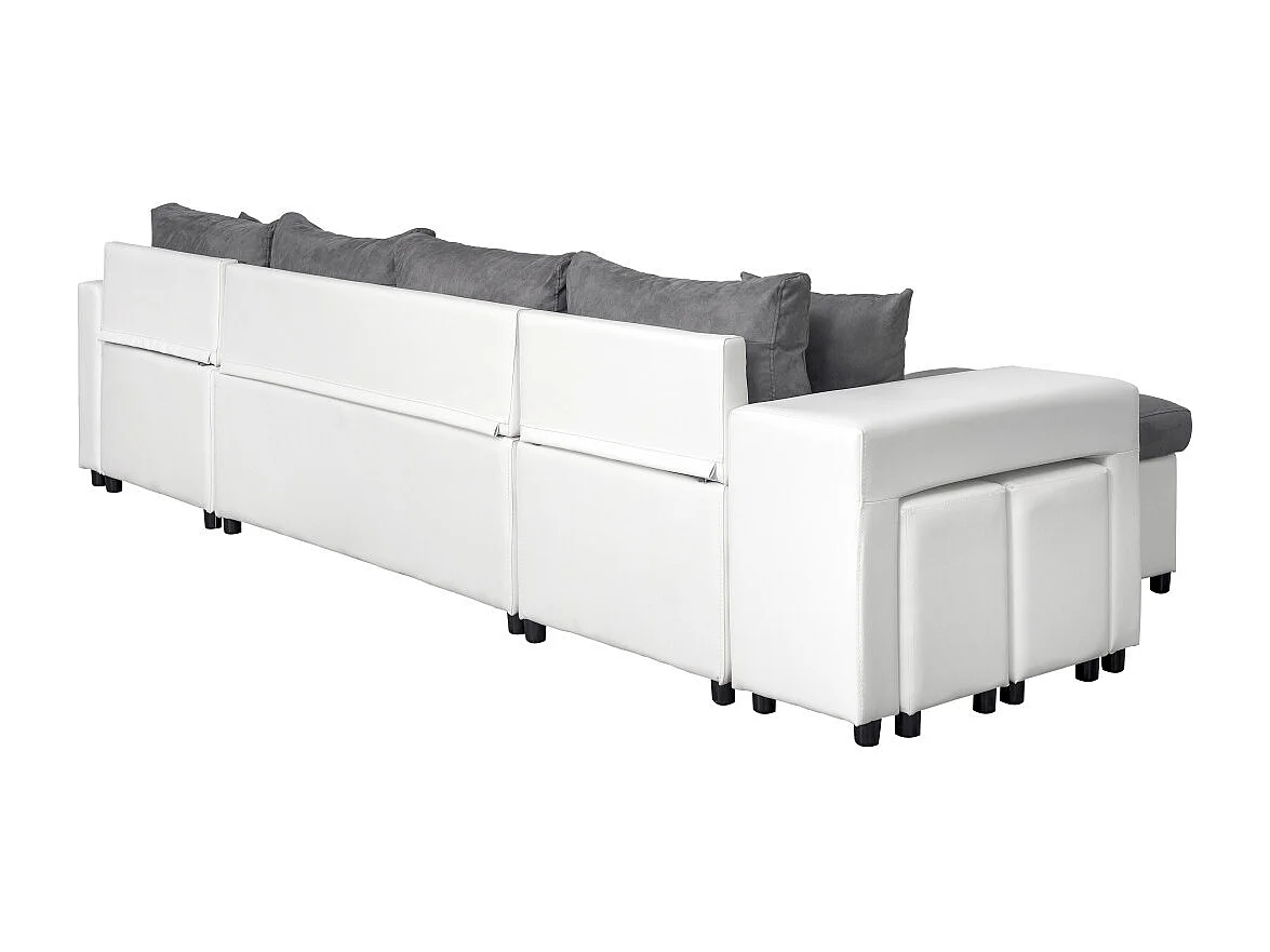 Canapé panoramique Oslo convertible avec coffres, poufs à droite - Simili/Microfibre - Blanc/Gris - L311 x P146 x H81cm - Loungitude