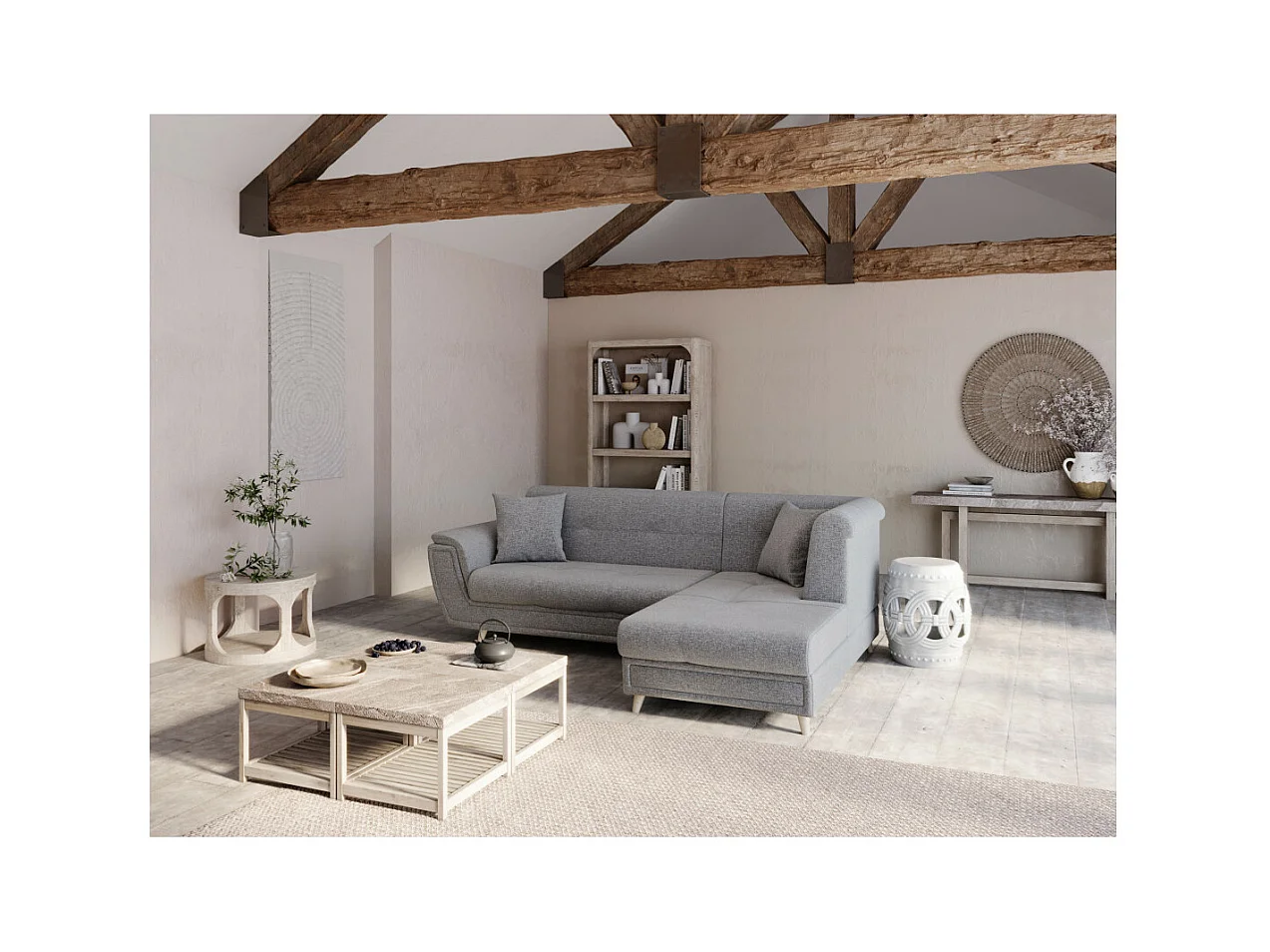 Canapé d'angle droit 5 places Flavie convertible en tissu - Gris - L260 x 180 x 85cm - Loungitude
