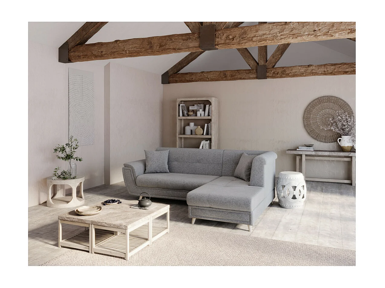 Canapé d'angle droit 5 places Flavie convertible en tissu - Gris - L260 x 180 x 85cm - Loungitude