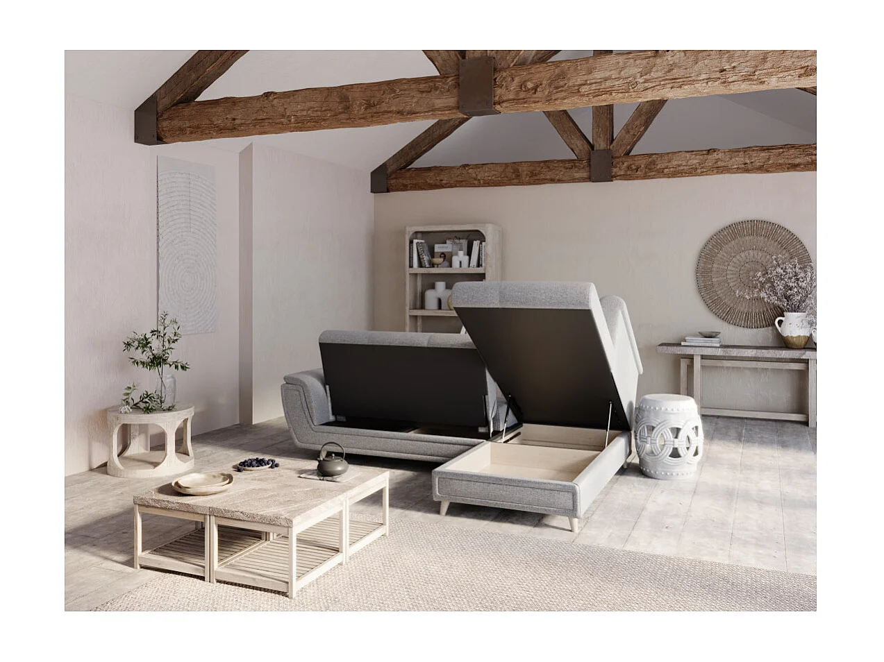 Canapé d'angle droit 5 places Flavie convertible en tissu - Gris - L260 x 180 x 85cm - Loungitude