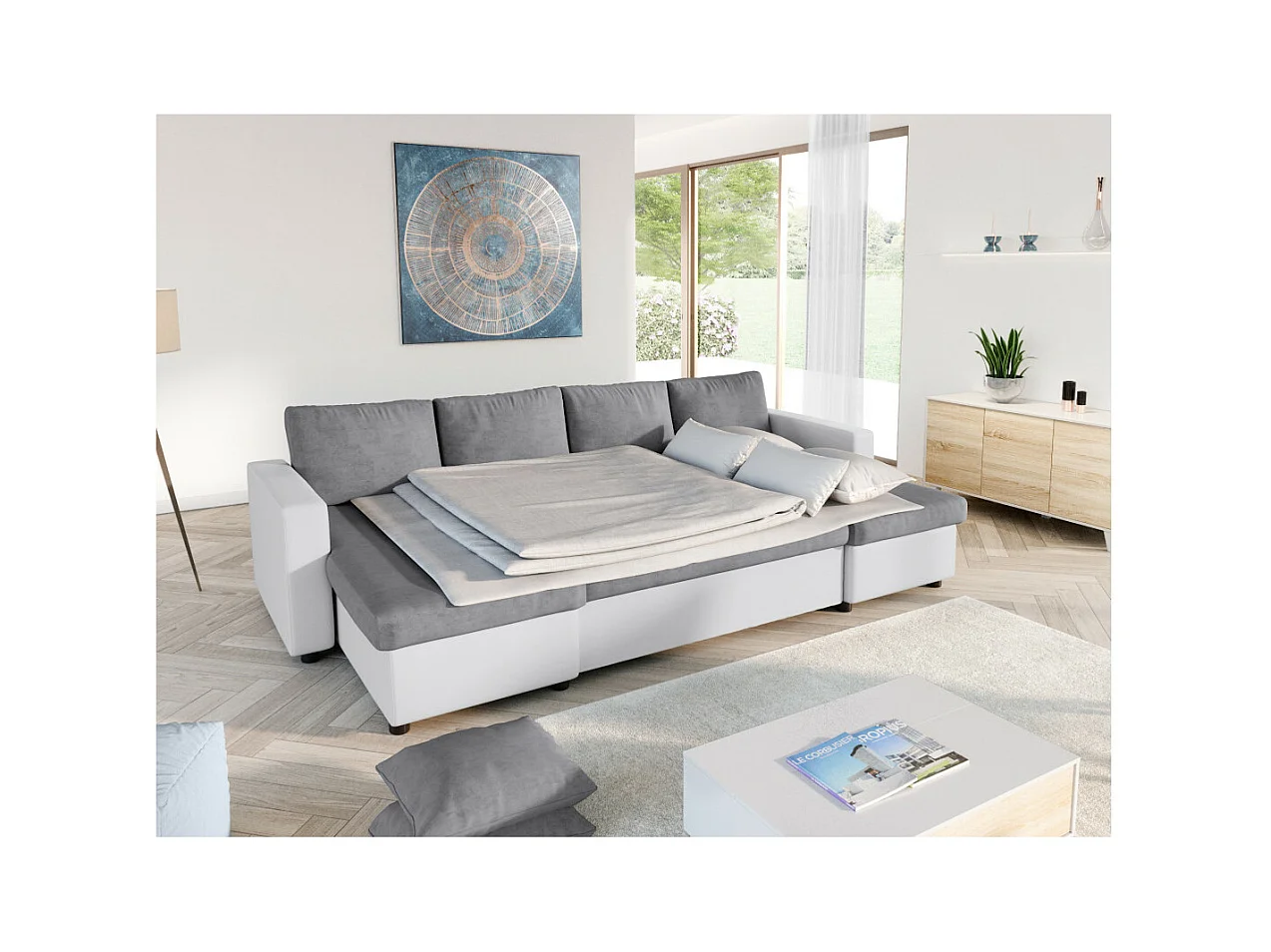 Canapé d'angle Panoramique 6 Places Maria Convertible en simili et microfibre - Blanc/Gris - L295 x P146 x H81cm - Loungitude