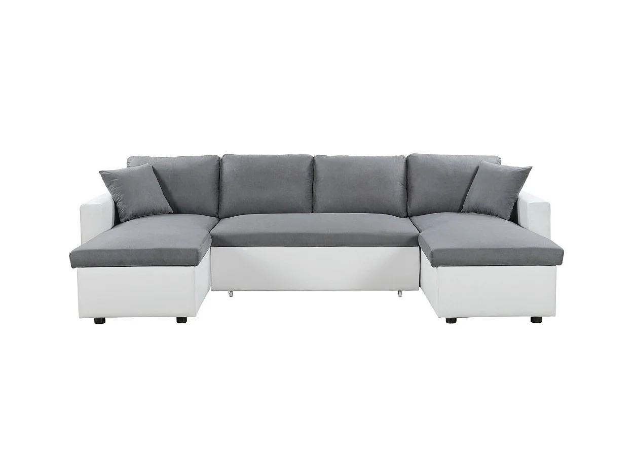 Canapé d'angle Panoramique 6 Places Maria Convertible en simili et microfibre - Blanc/Gris - L295 x P146 x H81cm - Loungitude