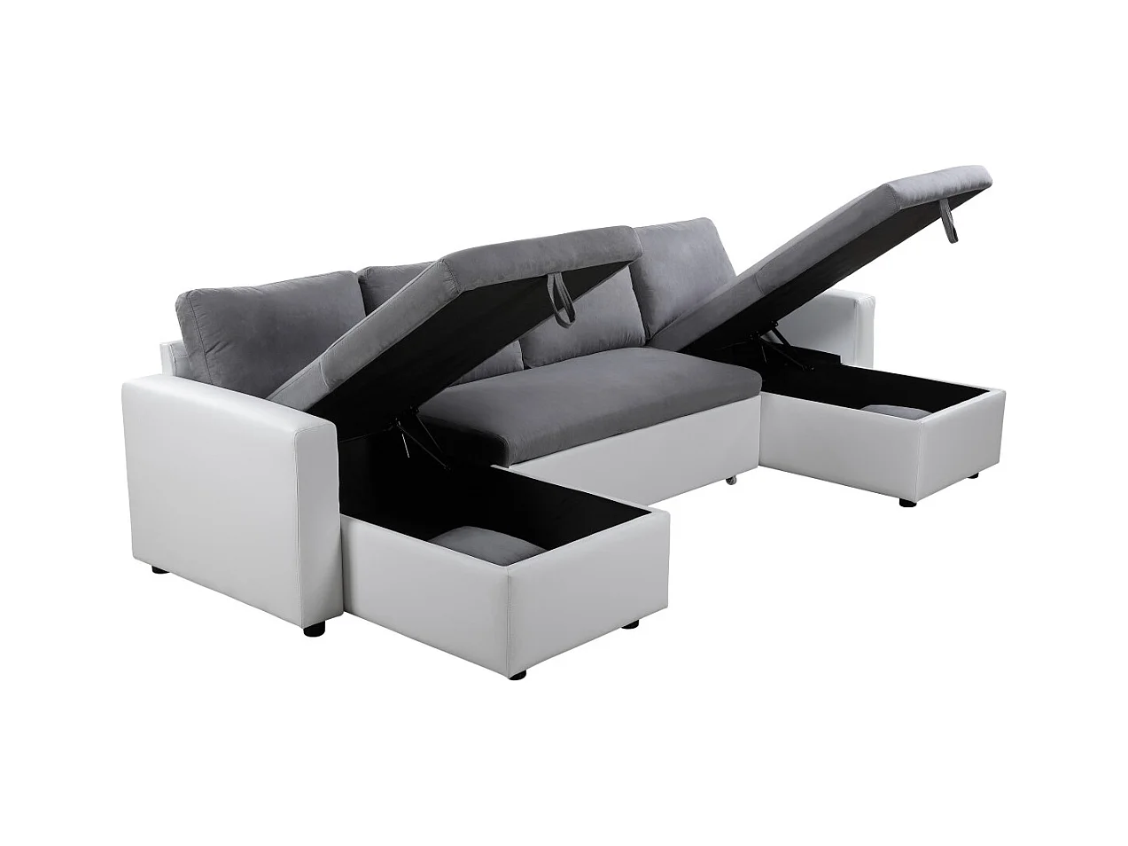 Canapé d'angle Panoramique 6 Places Maria Convertible en simili et microfibre - Blanc/Gris - L295 x P146 x H81cm - Loungitude