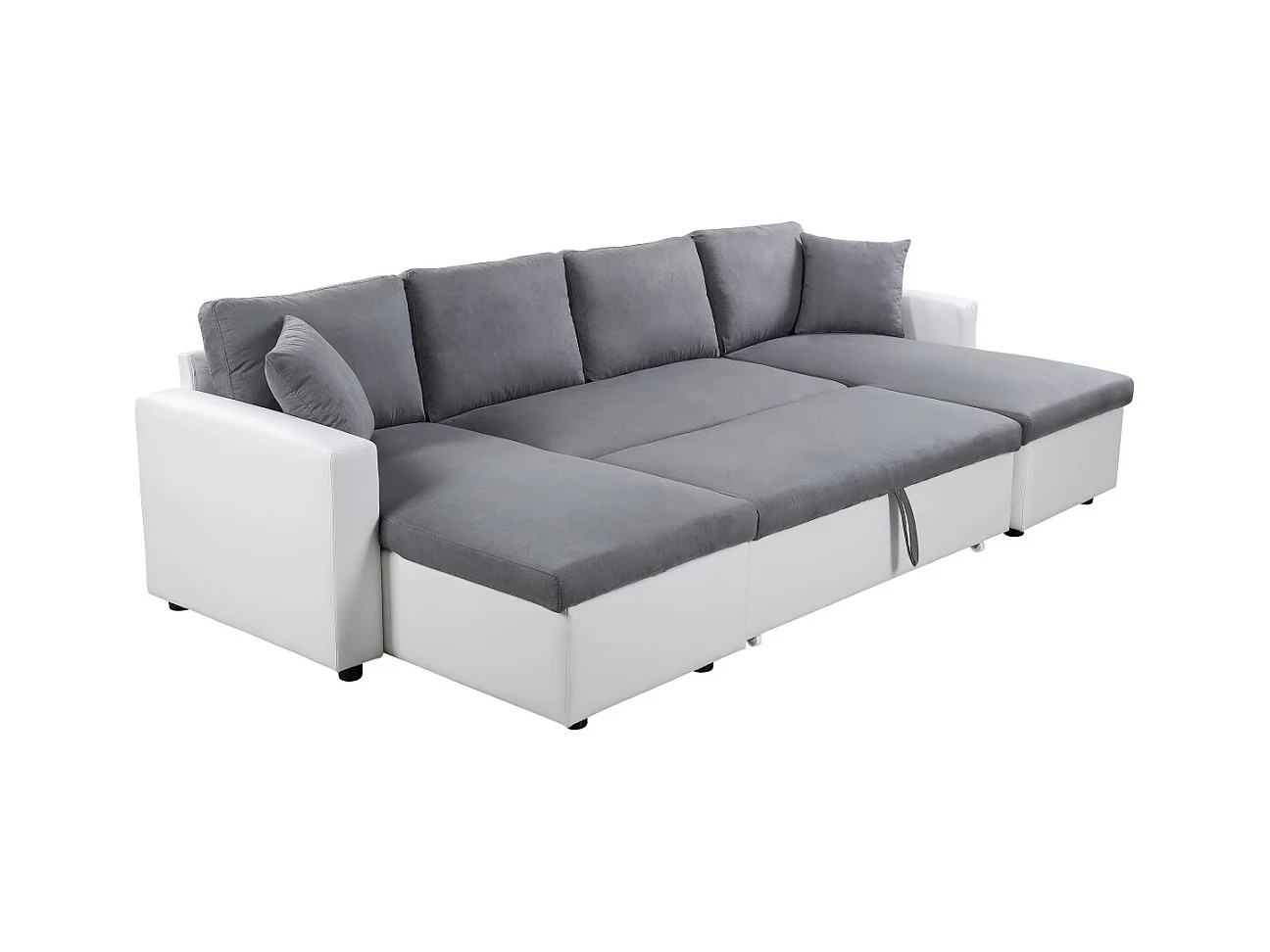 Canapé d'angle Panoramique 6 Places Maria Convertible en simili et microfibre - Blanc/Gris - L295 x P146 x H81cm - Loungitude