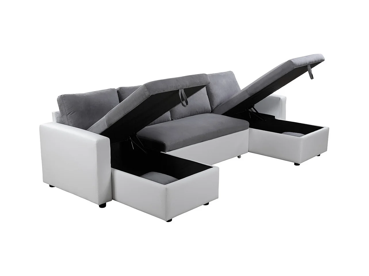 Canapé d'angle Panoramique 6 Places Maria Convertible en simili et microfibre - Blanc/Gris - L295 x P146 x H81cm - Loungitude
