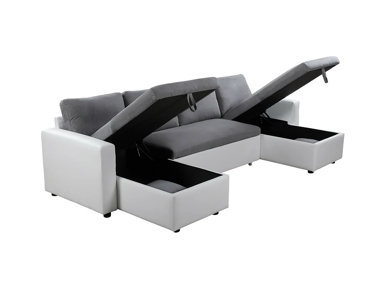 Canapé d'angle Panoramique 6 Places Maria Convertible en simili et microfibre - Blanc/Gris - L295 x P146 x H81cm - Loungitude