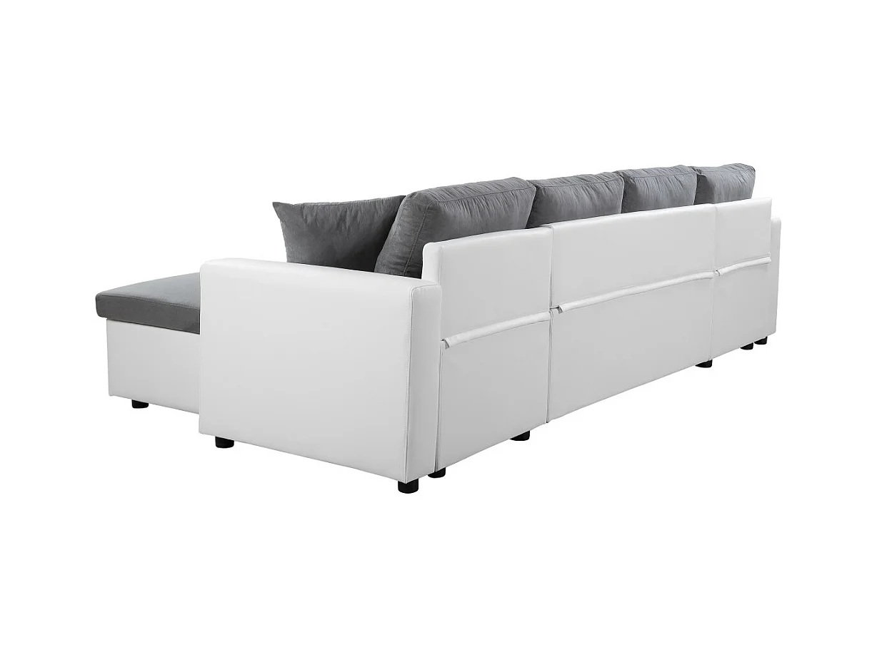 Canapé d'angle Panoramique 6 Places Maria Convertible en simili et microfibre - Blanc/Gris - L295 x P146 x H81cm - Loungitude
