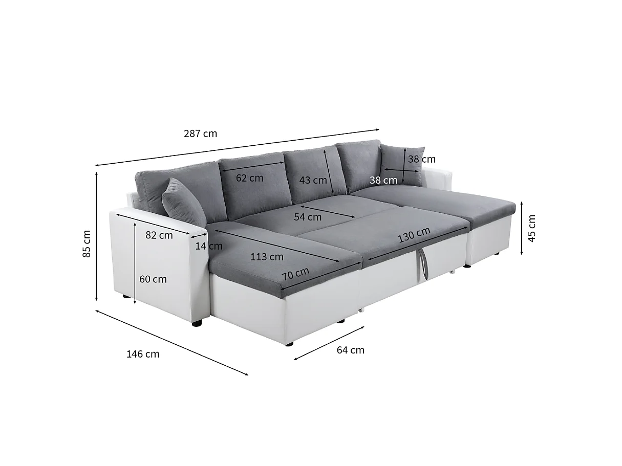 Canapé d'angle Panoramique 6 Places Maria Convertible en simili et microfibre - Blanc/Gris - L295 x P146 x H81cm - Loungitude