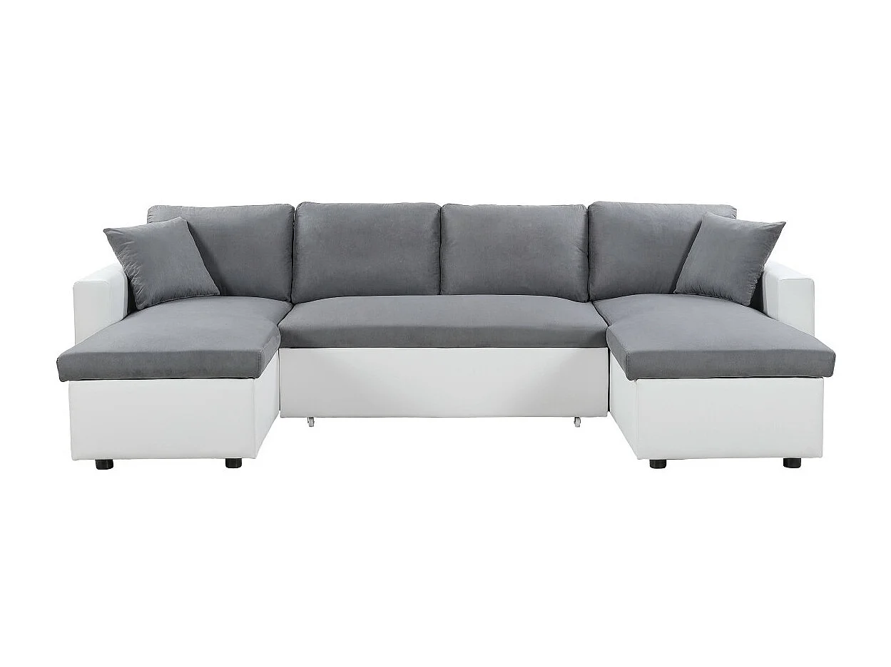 Canapé d'angle Panoramique 6 places Maria convertible en simili et microfibre - Blanc/Gris - L295 x P146 x H81cm - Loungitude