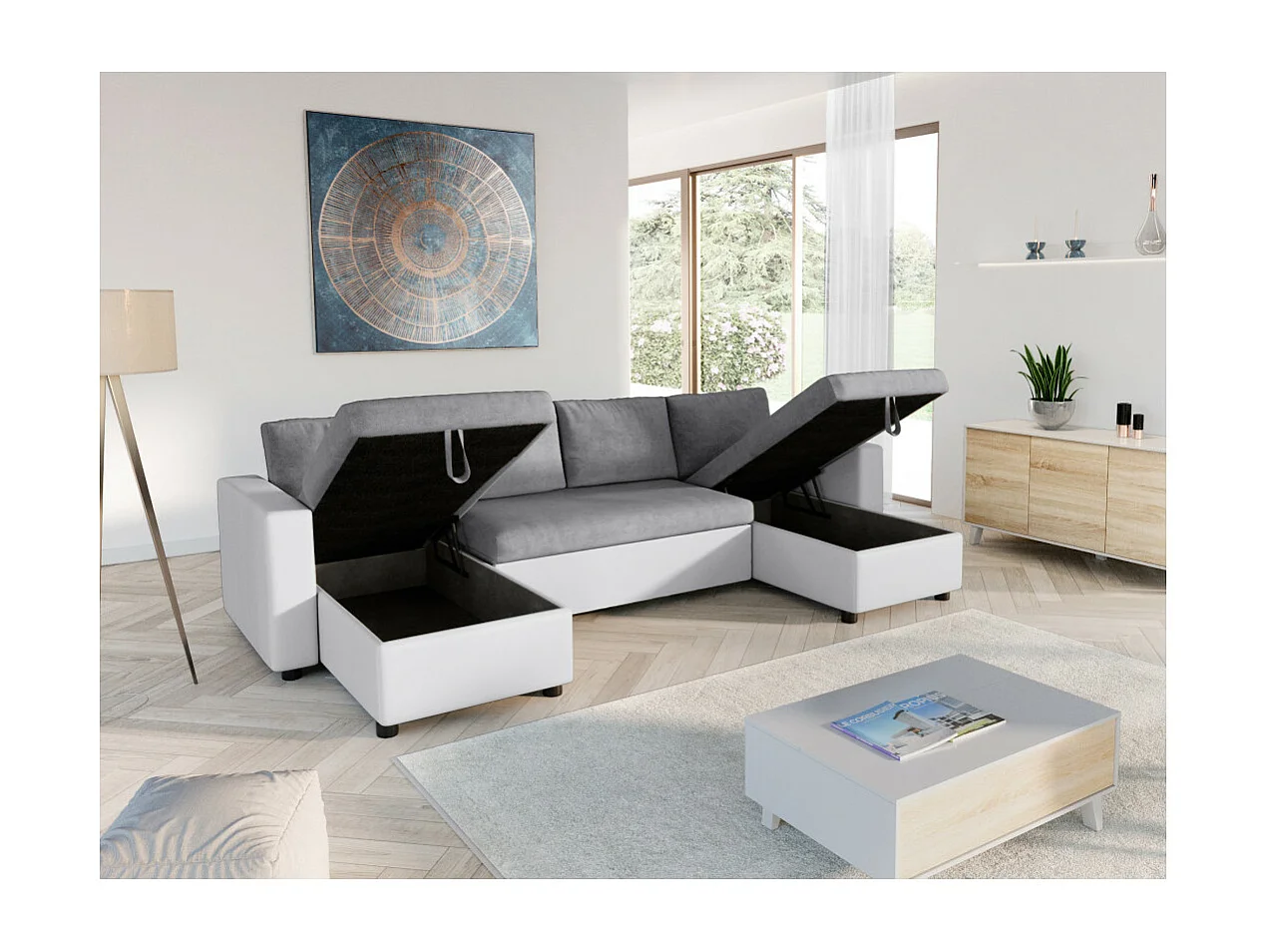 Canapé d'angle Panoramique 6 places Maria convertible en simili et microfibre - Blanc/Gris - L295 x P146 x H81cm - Loungitude