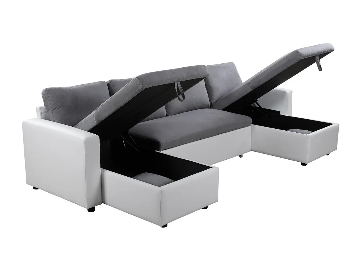 Canapé d'angle Panoramique 6 places Maria convertible en simili et microfibre - Blanc/Gris - L295 x P146 x H81cm - Loungitude