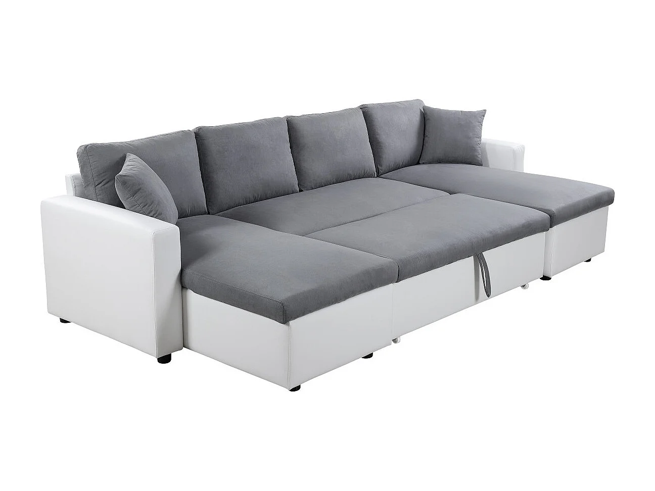 Canapé d'angle Panoramique 6 places Maria convertible en simili et microfibre - Blanc/Gris - L295 x P146 x H81cm - Loungitude