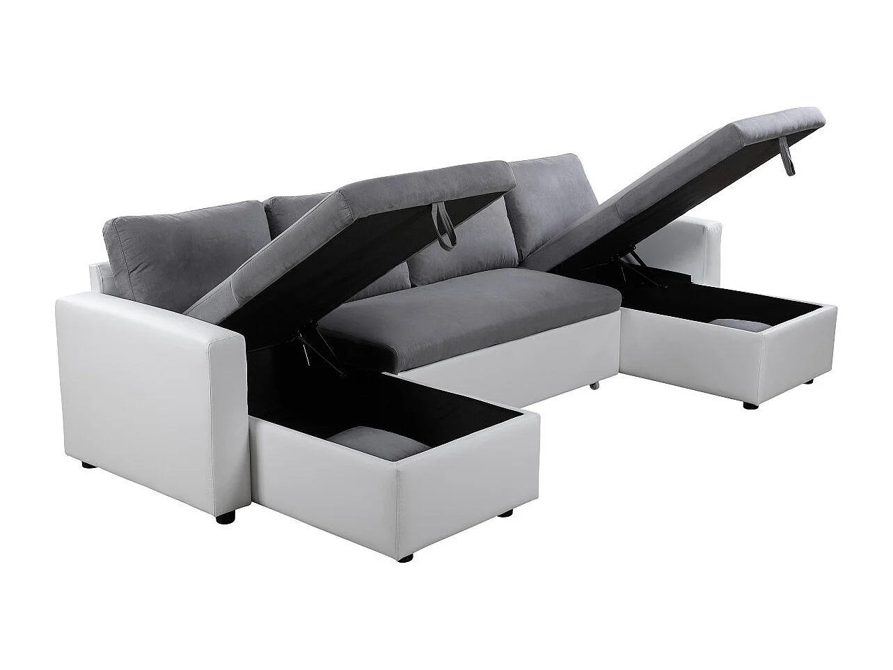 Canapé d'angle Panoramique 6 places Maria convertible en simili et microfibre - Blanc/Gris - L295 x P146 x H81cm - Loungitude