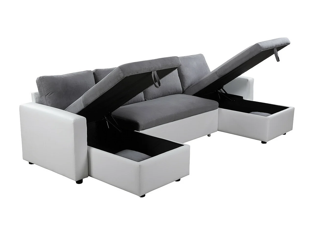 Canapé d'angle Panoramique 6 places Maria convertible en simili et microfibre - Blanc/Gris - L295 x P146 x H81cm - Loungitude