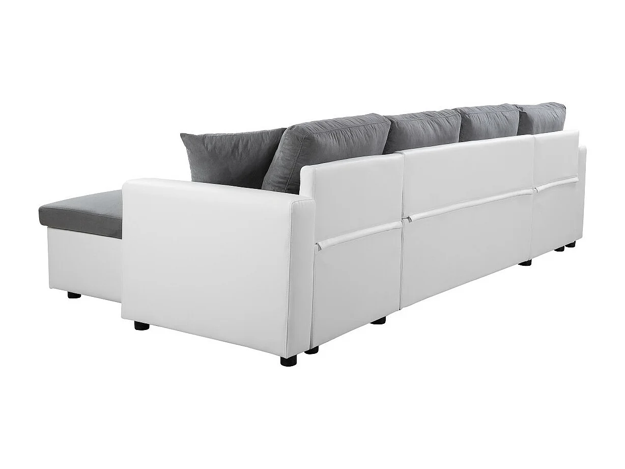 Canapé d'angle Panoramique 6 places Maria convertible en simili et microfibre - Blanc/Gris - L295 x P146 x H81cm - Loungitude