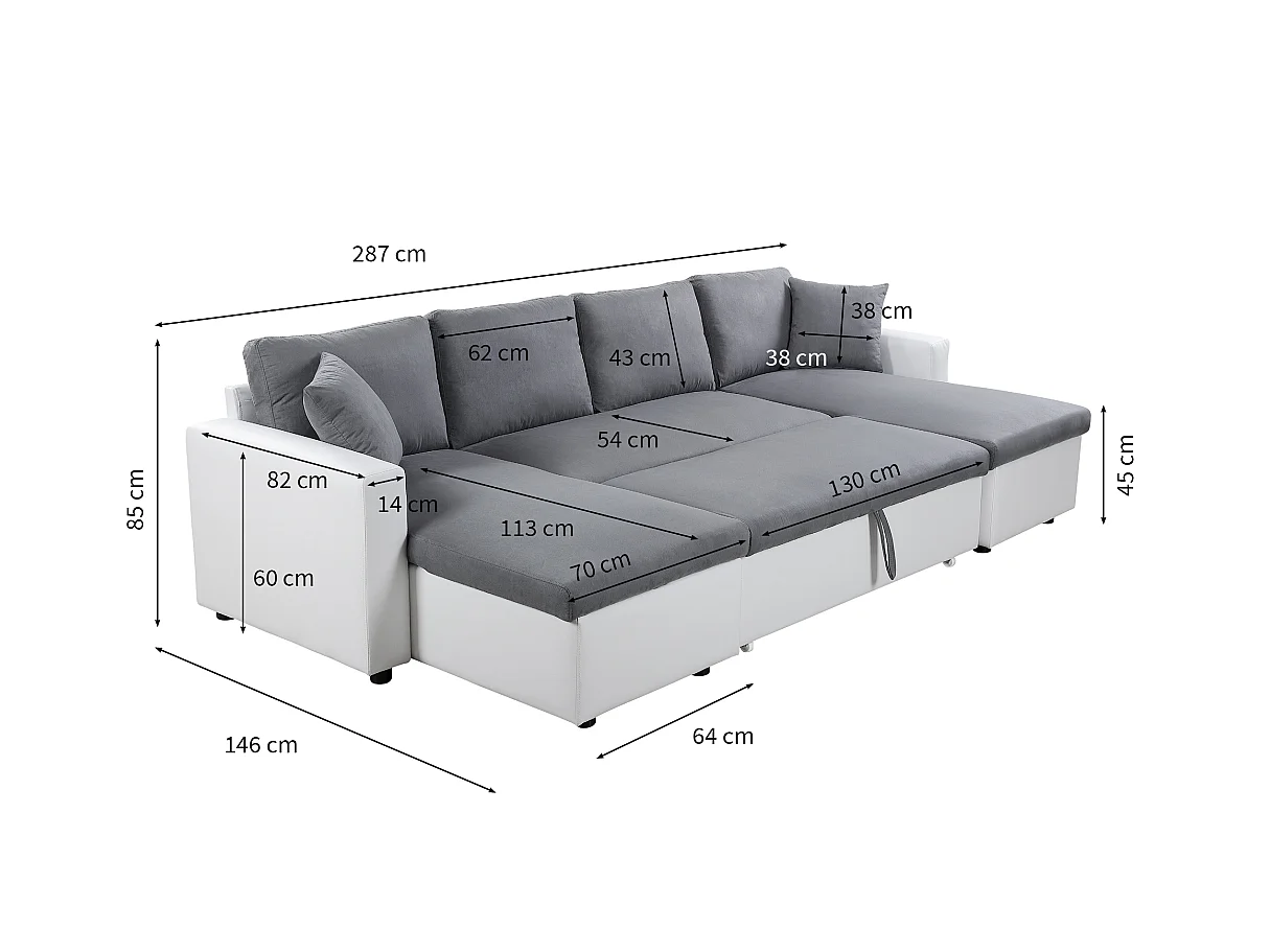 Canapé d'angle Panoramique 6 places Maria convertible en simili et microfibre - Blanc/Gris - L295 x P146 x H81cm - Loungitude
