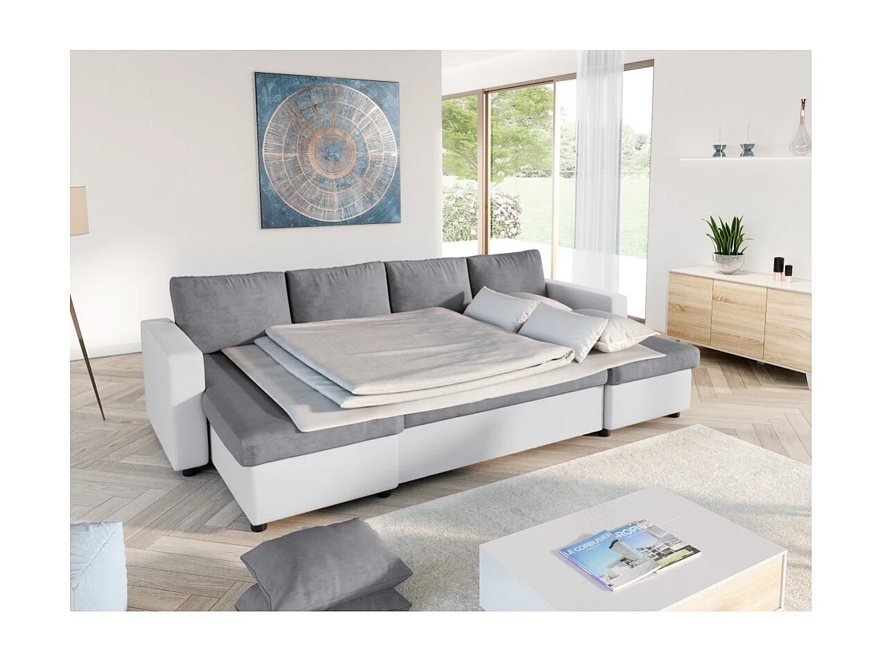 Canapé d'angle Panoramique 6 places Maria convertible en simili et microfibre - Blanc/Gris - L295 x P146 x H81cm - Loungitude