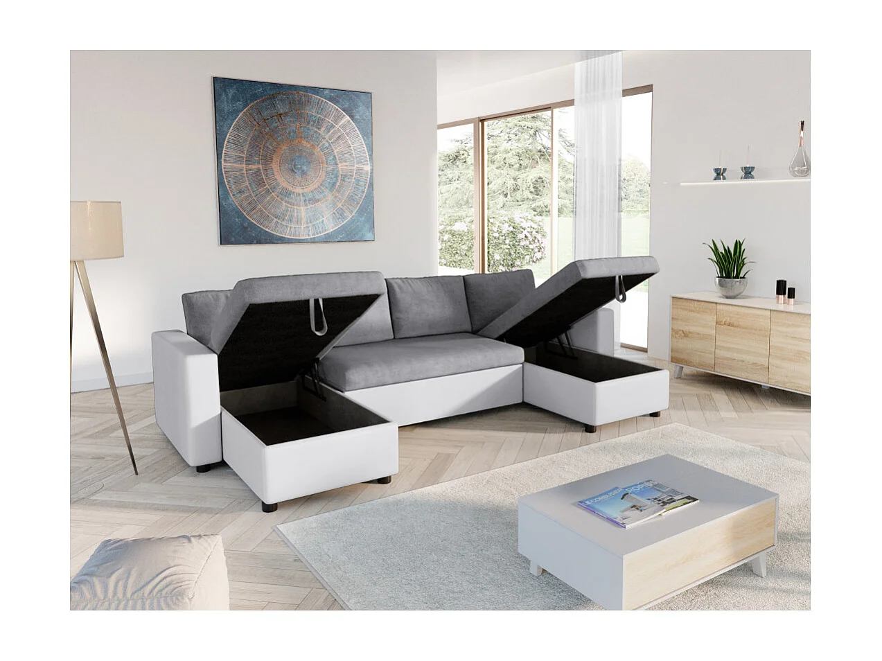 Canapé d'angle Panoramique 6 places Maria convertible en simili et microfibre - Blanc/Gris - L295 x P146 x H81cm - Loungitude