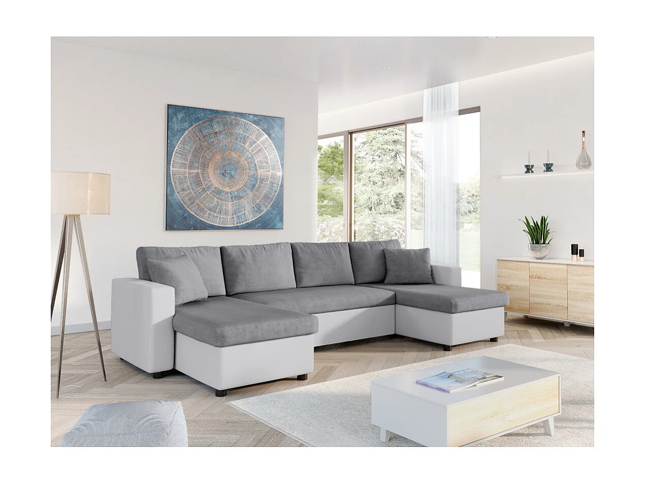 Canapé d'angle Panoramique 6 places Maria convertible en simili et microfibre - Blanc/Gris - L295 x P146 x H81cm - Loungitude