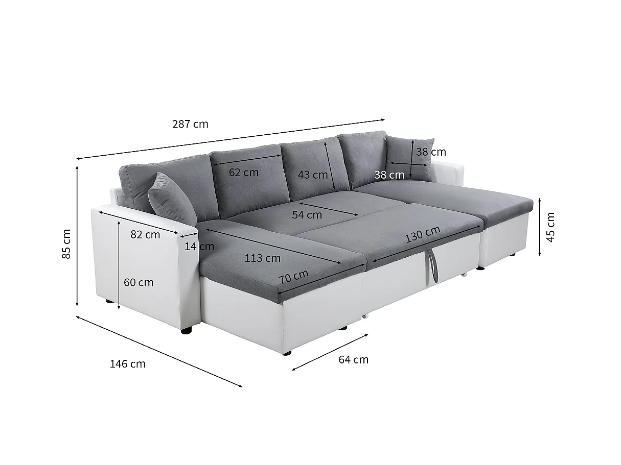Canapé d'angle Panoramique 6 places Maria convertible en simili et microfibre - Blanc/Gris - L295 x P146 x H81cm - Loungitude