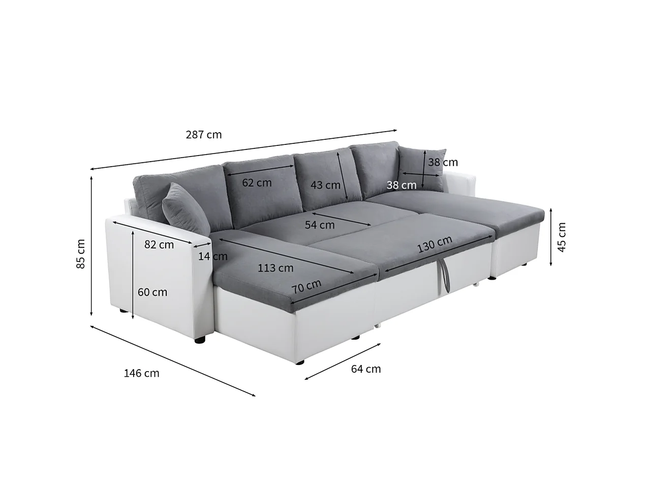 Canapé d'angle Panoramique 6 places Maria convertible en simili et microfibre - Blanc/Gris - L295 x P146 x H81cm - Loungitude