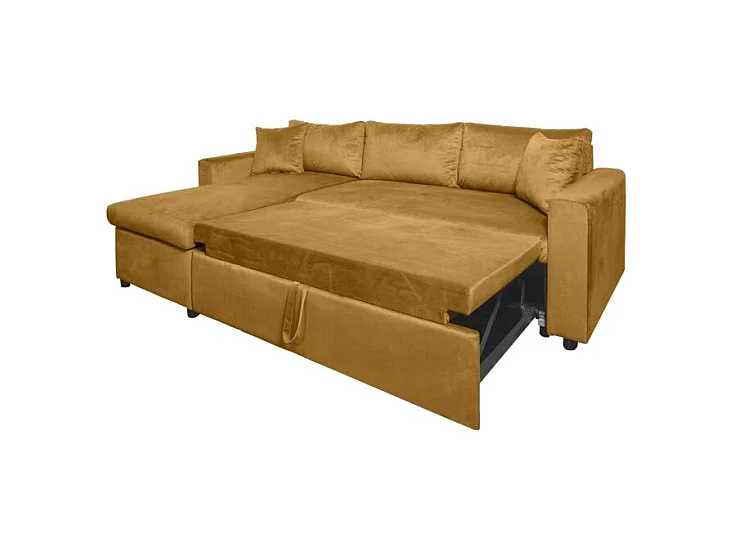 Canapé d'angle 3 places Maria réversible et convertible avec coffre en velours - Jaune ocre - L227 x P146 x H81cm - Loungitude